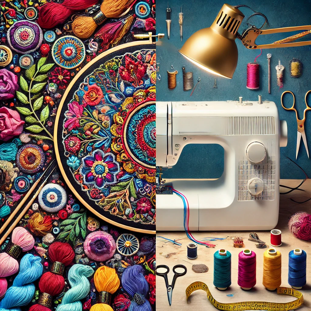 DALL·E 2024-08-21 10.31.10 - A split image showing two distinct scenes side by side. On the left side, a vibrant embroidery hoop is filled with colorful threads, displaying intric.webp